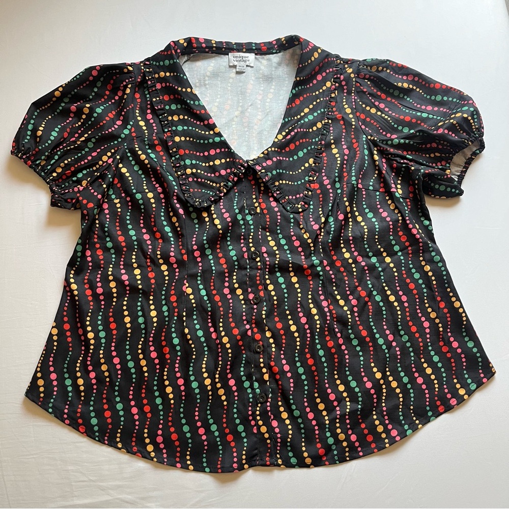 UNIQUE VINTAGE black rainbow multicolor dot retro mod puff sleeve blouse shirt
